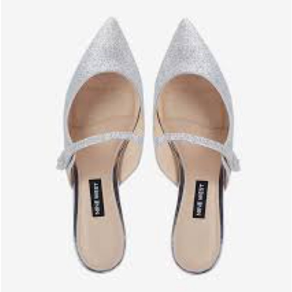 Nine West Camila Pointy Toe Silver Glitter Mule Slides